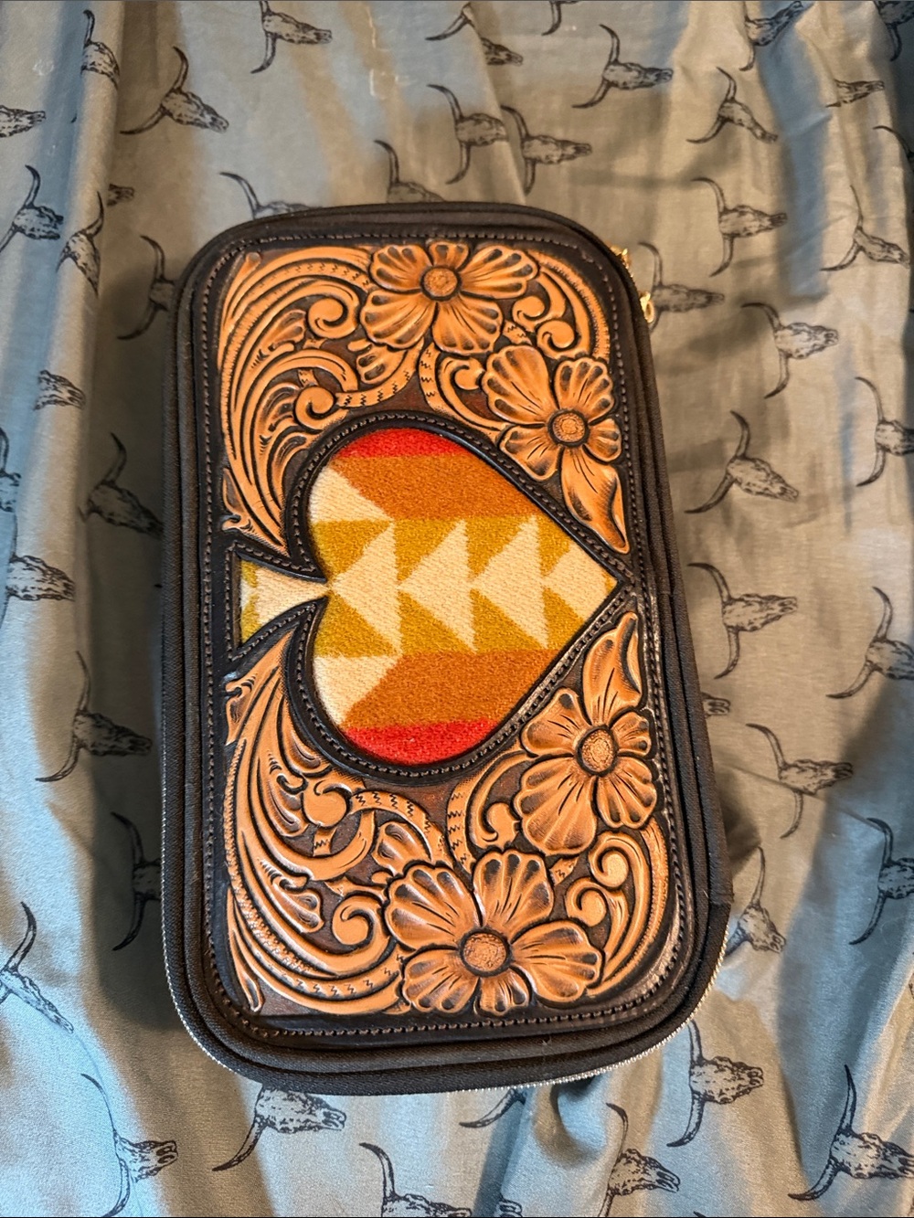 Tooled Floral Leather Jewelry Case with Southwestern Spade Panel